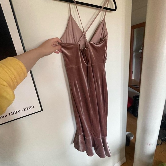 ASOS dusty rose gold velvet slip dress with draped bodice and ruffle on bottom - Picture 3 of 5